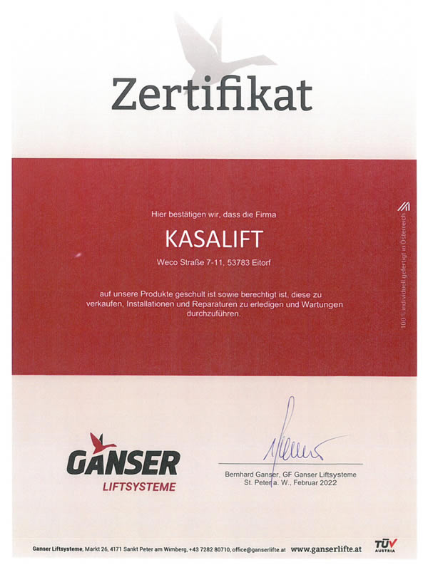 Ganser Liftsysteme Händlerzertifikat